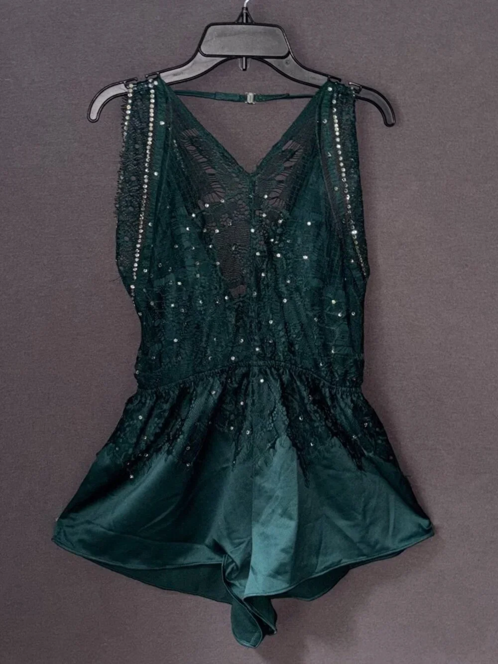 Lulus Promise of Romance Emerald Green Rhinestone Lace Satin Romper Size S